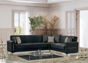 MORENO CONVERTIBLE CORNER SOFA WITH BLACK  COLOR AND GOLD FINISHING WITH CUSHIONS 310X240X90CM