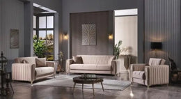 ABIDJAN CONVERTIBLE SOFA WITH BEIGE AND FINISHING TOUCH GOLD AND BEAUTIFULL CUSHIONS 3+2+1 ( 3 SEATER 218X88X88CM / 2 SEATER 158X88X88CM / 1 SEATER 98X88X88CM)