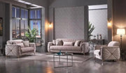 SOFÁ CONVERTIBLE RADISSON CON TERCIOPELO BEIGE Y ACABADO DORADO 3+2+1 (SOFÁ DE 3 PLAZAS 240X100X80 CM / SOFÁ DE 2 PLAZAS 170X100X80CM / SILLÓN DE 1 PLAZA 110X100X90CM)