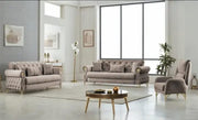 SOFÁ CONVERTIBLE CASA CON TERCIOPELO BEIGE, ACABADOS DORADOS Y COJINES ELEGANTES 3+2+1 (SOFÁ DE 3 PLAZAS 240X90X90CM / SOFÁ DE 2 PLAZAS 180X90X90CM / SILLÓN DE 1 PLAZA 84X80X97CM)