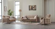 SOFÁ ESQUINERO CONVERTIBLE HAVANA CON DETALLES EN BEIGE Y ORO Y COJINES 3+2+1 (SOFÁ 3 PLAZAS 224X91X86CM / SOFÁ 2 PLAZAS 173X91X86CM / SILLÓN 1 PLAZA 80X85X95CM)