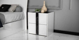 LUXY BEDSIDE TABLE IN WHITE AND BLACK FINSIH WITH 2 DRWAERS AND MEASURING 55X37X48.