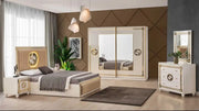 GUCCI BEDROOM SET BEIGE/GOLD FEATURES A MODREN AND ELEGANT DESIGN . THE SET INCLUDES A 160X200CM BED  WITH MATRESS WITH SLIDING 2 DOORS 205X200CM AND 3 DRAWERS COMMODE 100X50CM AND MIRROR 75X160 AND BEDSIDETABLE 60X50CM