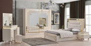 CRISTAL BEDROOM SET WITH BEIGE/GOLD FEATURES A MODREN AND ELEGANT DESIGN . THE SET INCLUDES A 160X200CM BED WITHOUT MATRESS WITH 2 SLIDING DOOR WARDROBE  200X62X210CM AND COMMODE WITH LIGHT 125X47X161CM AND MIRROR  AND 2 BEDSIDE TABLE 60X47X51CM