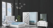 BOSS BEDROOM SET IN WHITE/SILVER FEATURES A MODREN AND ELEGANT DESIGN . THE SET INCLUDES  A 160X200CM BED WITHOUT MATRESS AND WARDROBE WITH 2 SLIDING DOOR AND COMMODE 107X46X75CM AND MIRROR AND 2 BEDSIDE TABLE 60X46X45CM