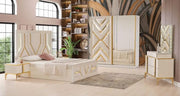 BOSS BEDROOM SET IN BEIGE/GOLD FEATURES A MODREN AND ELEGANT DESIGN . THE SET INCLUDES A 160X200CM BED WITHOUT MATRESS AND A WARDROBE 2 SLIDING DOOR 201X63X210CM AND COMMODE WITH 2 DRAWERS 107X46X75 WITH MIRROR AND 2 BEDSIDE TABLE