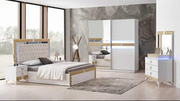 ALLIANCE BEDROOM SET IN WHITE/GOLD FEATURES MODREN AND ELEGANT DESIGN . THE SET INCLUDES 160X200CM BED  WITH SOMMIER AND WITHOUT MATRESS AND 2 SLIDING DOOR WARDROBE 200X30X210CM AND 3 DRAWERS COMMODE 90X45X80CM AND MIRROR AND 2 BEDSIDETABLE