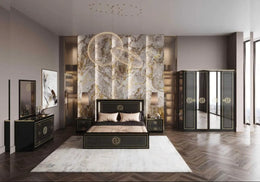 GUCCI SOFT BEDROOM SET IN BLACK/GOLD FEATURES A MODREN  DESIGN  . SET INCLUDES 160X200 BED WITH SOMMIER WITHOUT MATRESS AND 4 DOORS WARDROBE WITH 180X57X216CM AND DRESSING TABLE WITH 3 DRAWERS 116X46X77CM AND 2 BED SIDETABLE 54X37X50CM ,