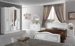 LUISIANA BEDROOM SET IN WHITE/SILVER FEATURES A MODREN AND ELEGANT DESIGN . THE SET INCLUDES A 160X200CM BED AND WITHOUT MATTRESS AND COMMODE AND MIRROR WITH 4 DOOR WARDROBE AND 2 BEDSIDETABLE