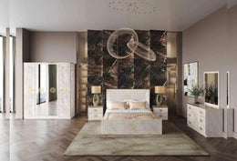 GUCCI SOFT BEDROOM SET IN BEIGE/GOLD FEATURES A MODREN  DESIGN  . SET INCLUDES 160X200 BED WITH SOMMIER WITHOUT MATRESS AND 4 DOORS WARDROBE WITH 180X57X216CM AND DRESSING TABLE WITH 3 DRAWERS 116X46X77CM AND 2 BED SIDETABLE 54X37X50CM ,