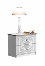SOFIA BEDSIDE TABLE IN WHITE AND SILVER FINISH WITH 2 DRAWERS.MEASURING 49X36X47CM