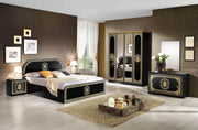 SOFIA BEDROOM SET  IN BLACK/GOLD FEATURES MODREN AND ELEGANT DESIGN . THE SET INCLUDES A BED 160X200CM WITHOUT MATRESS AND WITH 4 DOOR WARDROBE 160X51X210CM AND 3 DRAWERS COMMODE 110X42X67CM AND MIRROR AND 2 BEDSIDE TABLE 49X36X47CM