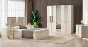 ATLANTIS BEDROOM SET IN BEIGE/GOLD FEATURES A MODREN AND ELEGANT DESIGN . THE SET INCLUDES A 160X200CM BED WITHOUT MATRESS AND 4 DOORS WARDROBE 200X60X210CM AND 3 DRAWERS COMMODE 80X45X105CM AND MIRROR AND 2 BEDSIDE TABLES 62X40CM