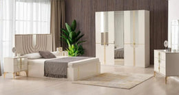 ATLANTIS BEDROOM SET IN BEIGE/GOLD FEATURES A MODREN AND ELEGANT DESIGN . THE SET INCLUDES A 160X200CM BED WITHOUT MATRESS AND 4 DOORS WARDROBE 200X60X210CM AND 3 DRAWERS COMMODE 80X45X105CM AND MIRROR AND 2 BEDSIDE TABLES 62X40CM