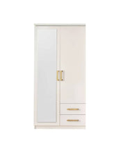 GIRONA WARDROBE IN BEIGE AND GOLD FEATURES WITH 2 DRAWERS IN BOTTOM 2 DOORS WITH ELEGANT MIRROR 95X60X200CM