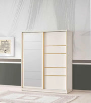 GIRONA WARDROBE IN BEIGE AND GOLD FEATURES WITH 2 SLIDING DOORS WITH MIRROR 180X60X200CM