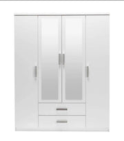 PALMA WARDROBE IN WHITE AND SILVER COLOR FEAUTERS WITH MIRROR AND 4 DOORS AND 2 DRAWERS IN BOTTOM 160X60X200CM
