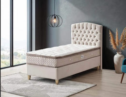 SIENA BASE SET 90X190 IN BEIGE VELVET WITH DESIGN ON HAEDBOARD  WITH CANAPE INCLUDES (WITHOUT MATRESS)
