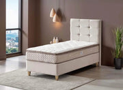 NUEVO CONJUNTO BARI BASE 90X190 CM EN TERCIOPELO BEIGE COMBINA DISEÑO EN CABECERO CON CANAPÉ INCLUYE (SIN COLCHÓN)