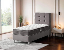 NEW BARI BASE SET 90X190 CM IN GREY VELVET COMBINES DESIGN ON HAEDBOARD WITH CANAPE INCLUDES (WITHOUT MATRESS )