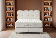 BASE AURA 160X200 CM TAPIZADA EN TELA BEIGE Y ELEGANTE DISEÑO EN CABECERO CON CANAPÉ INCLUIDO (SIN COLCHÓN)