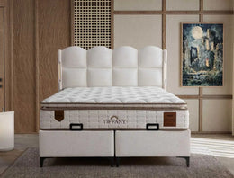 TIFFANY BASE SET 140X190CM IN BEIGE FABRIC AND ELEGANT DESIGN ON HAEDBOARD WITH CANAPE INCLUDES (WITHOUT MATRESS)