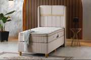 ESTELLE BASE SET 90X190CM IN BEIGE VELVET WITH GOLD ELEGANT DESIGN ON HEADBOARDWITH CANAPE INCLUDES (WITHOUT MATRESS)