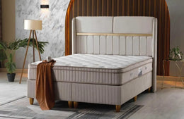 ESTELLE BASE SET 160X200CM IN BEIGE VELVET WITH GOLD ELEGANT DESIGN ON HEADBOARD WITH CANAPE INCLUDES (WITHOUT MATRESS)