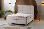 THE ALBA BASE SET 160X200CM IN BEIGE VELVET COMBINES SMALL SQUARES ON HEADBOARD DESIGN WITH CANAPE INCLUDES (WITHOUT MATRESS)