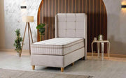 THE ALBA BASE SET 90X190CM IN BEIGE VELVET COMBINES SMALL SQUARES ON HEADBOARD DESIGN WITH CANAPE INCLUDES (WITHOUT MATRESS)