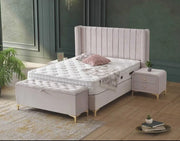 LA BASE TOKIO DE 160X200CM EN TERCIOPELO BEIGE COMBINA UN DISEÑO DE REVESTIMIENTO Y UNA COMODIDAD SUPERIOR. SU ELEGANTE CABECERO Y SU AMPLIA ZONA DE DESCANSO INCLUYEN CANAPÉ Y COLCHÓN.