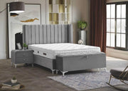 LA BASE TOKIO DE 160X200CM EN TERCIOPELO GRIS SE COMBINA CON UN DISEÑO DE FORRO Y UNA COMODIDAD SUPERIOR. SU ELEGANTE CABECERO Y AMPLIO ESPACIO PARA DORMIR INCLUYEN CANAPÉ Y COLCHÓN.