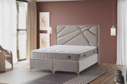 THE RESITAL BASE SET 160X200CM IN BEIGE/GOLD VELVET COMBINES ELEGANT LINES ON HAEDBOARD WITH CANAPE INCLUDES (WITHOUT MATRESS)