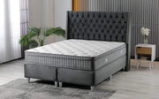 THE ALICANTE BASE SET 140X190 CM OFFERS A SPACIOUS AND COMFORTABLE SLEEPING AREA WITH A MODRESN TUFTED HEADBOARD DESGIN.IN GREY COLOR VELVET WITH CANAPE WITHOUT MATRESS