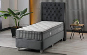 THE ALICANTE BASE SET 90X190 CM OFFERS A SPACIOUS AND COMFORTABLE SLEEPING AREA WITH A MODRESN TUFTED HEADBOARD DESGIN.IN GREY COLOR VELVET WITH CANAPE WITHOUT MATRESS