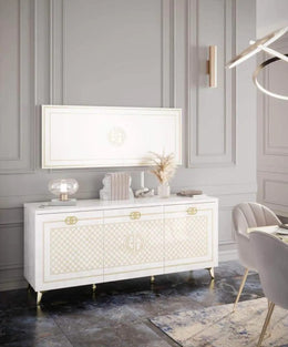 GUCCI BEIGE AND GOLD LIVING ROOM SET INCLUDES 6 PEICES (SIDEBOARD-180X48X83CM , COFFEE TABLE-110X60X43CM, DISPLAY CABINET 2 DOORS- 11X45X184CM , DISPLAY CABINET 1 DOOR- 55X45X184 CM , DINNING TABLE- 160X90X77CM , TV CABINET-164X67X48CM)