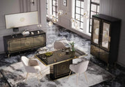 GUCCI BLACK AND GOLD LIVING ROOM SET INCLUDES 6 PEICES (SIDEBOARD-180X48X83CM , COFFEE TABLE-110X60X43CM, DISPLAY CABINET 2 DOORS- 11X45X184CM , DISPLAY CABINET 1 DOOR- 55X45X184 CM , DINNING TABLE- 160X90X77CM , TV CABINET-164X67X48CM)