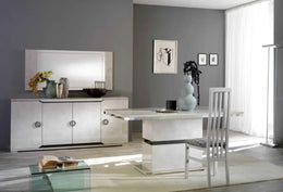 MISTRAL LIVING ROOM SET IN WHITE AND OFF BEIGE MIXED WITH SILVER INCLUDES 7 PIECES (SIDEBOARD- 190X45X84CM , DISPLAY CABINET 2 DOORS - 104X41X185CM  , DISPLAY CABINET 1 DOOR - 60X41X185CM ,DINNING TABLE - 160X90X77 CM ,TV CABINET- 152X45X55CM)