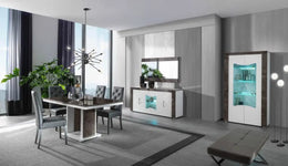 MASCARA LIVING ROOM SET WHITE AND GREY COLOR INCLUDES 7 PIECES ( SIDEBOARD - 200X47X84CM , DISPLAY CABINET 2 DOORS - 104X44X190CM , DISPLAY CABINET 1 DOOR - 54X44X190CM , DINNING TABLE - 160X90X77CM , COFFE TABLE-110X60X46CM , TV CABINET- 160X50X55CM )