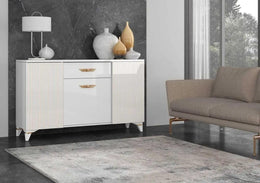 ELITE WHITE WITH GOLD LIVING ROOM SET 6 PIECES ( SIDEBOARD - 150X48X88 CM , DISPLAY CABINET 1-2 -100X46X180 , 55X46X180CM DINNING TABLE - 160/200X90X77CM , TV CABINET- 150X48X55CM , COFFE TABLE -120X65X46CM)