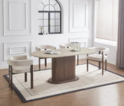 LA MESA DE COMEDOR LOKA PRESENTA UNA BASE CON EFECTO NOGAL Y UNA CUBIERTA DE CERÁMICA TRAVERTINO MATE, COMBINANDO ELEGANCIA NATURAL Y DURABILIDAD. 180X90X75CM