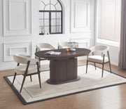 LOKA EXTENDABLE DINING TABLE FEATURES A WALNUT EFFECT MDF BASE AND MATCHING WALNUT LOOK TABLETOP. MEASURING 160/200X90X75CM