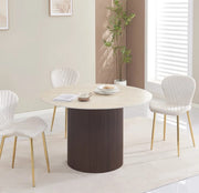 MESA DE COMEDOR REDONDA BAIETAA CON BASE EFECTO NOGAL Y CUBIERTA CERÁMICA DE TRAVERTINO MATE. MIDE 120X75CM.