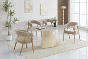 MESA DE COMEDOR OVO CON BASE DE METAL Y TABLERO DE CERÁMICA EFECTO TRAVERTINO SHAKESPEARE GRIS QUE COMBINA ESTILO MODERNO Y DURABILIDAD. MEDIDAS: 180X90X75CM