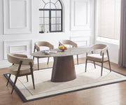 LA MESA DE COMEDOR OVO CUENTA CON UNA BASE DE METAL CON UN MARCO CON EFECTO NOGAL Y UNA CUBIERTA DE CERÁMICA GRIS SHAKESPEARE QUE COMBINAN ESTILO MODERNO Y DURABILIDAD. MIDE 180X90X75CM.