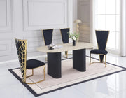 LA MESA DE COMEDOR ROXY CUENTA CON UNA BASE DE METAL NEGRO Y UNA CUBIERTA CERÁMICA CON EFECTO TRAVERTINO, COMBINANDO ESTILO MODERNO Y DURABILIDAD, CON MEDIDAS DE 180X90X75CM