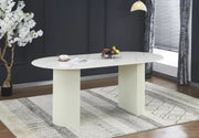 ANNA DINING TABLE FEATURES A BEIGE BASE WITH A BURNT EARTH MARBLE EFFECT CERAMIC TOP COMBING ELEGANCE AND DURABILITY . MESAURING 180X90X75CM