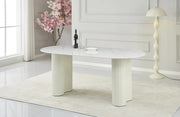 VENEZIA DINNING TABLE FEATURES A BEIGE BASE WITHY A BURNT EARTH MARBLE EFFECT CERAMIC TOP COMBINING MODREN ELEGANCE AND DURABILITY. MEASURING 180X90X75CM