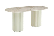 KEYSHA DINING TABLE FEATURES A BEIGE BASE WITH GRAY SHAKESPEARE CERAMIC TOP COMBINING MODREN ELEGANCE AND DURABILITY. MEASURING 180X90X75CM