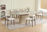 LA MESA DE COMEDOR EXTENSIBLE LOKA CUENTA CON UNA BASE DE MDF CON EFECTO TRAVERTINO Y UNA CUBIERTA DE CERÁMICA DE TRAVERTINO MATE QUE COMBINA UN ASPECTO DE PIEDRA NATURAL CON DURABILIDAD. MIDE 160/200X90X75CM